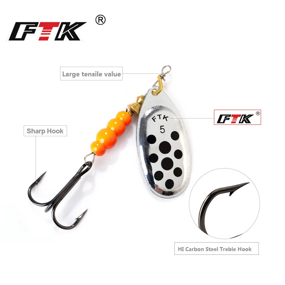 FTK-cebo giratorio de 4g/5g/7g/10g/14g, Señuelos de lubina de cuchara dura, Señuelos de pesca de Metal con anzuelos triples, aparejos de pesca para pesca de Lucio - imagen 2