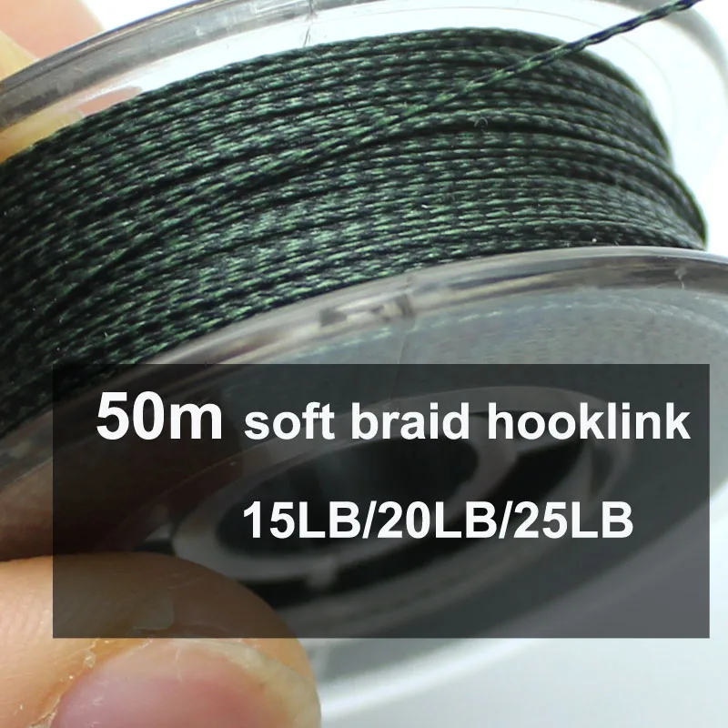 Línea de pesca de carpa verde de camuflaje de 50m, gancho suave con enlace de carpa, línea trenzada sin recubrimiento líder para aparejo de pelo, línea de aparejo de 25 y 15LB - imagen 2
