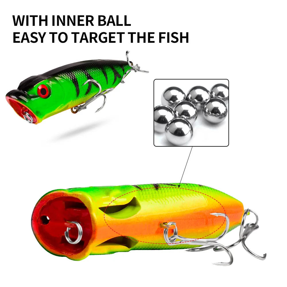 FLYSAND-Señuelos de Pesca de 7,3 cm/11g, cebo duro de Topwater Popper, Wobblers artificiales, aparejos de pesca de plástico con 6 ganchos, 5 colores - imagen 4