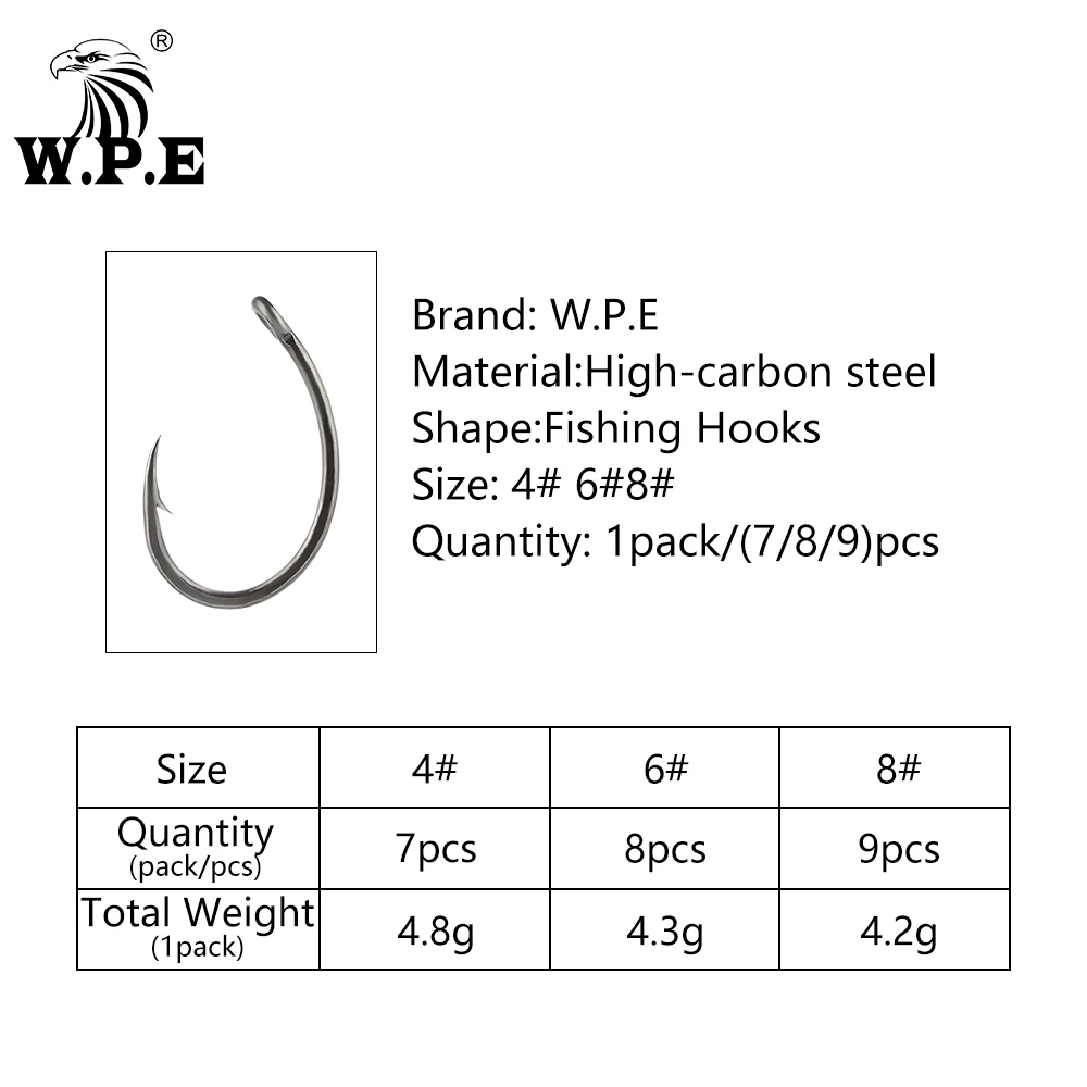 W.P.E-anzuelo de pesca con revestimiento, aparejo para el pelo con púas de acero de alto carbono, vástago curvo, carpa, 3 paquetes/5 paquetes, 4/6/8 # - imagen 4