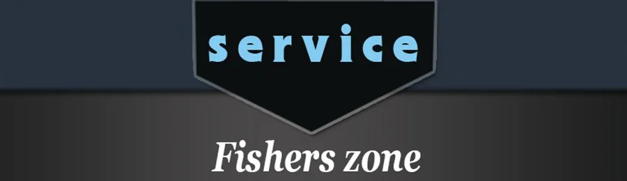Un gráfico con un fondo oscuro y dos fragmentos de texto. El texto superior dice servicio en negrita y fuente sans-serif, y el texto inferior dice Fishers Zone en una fuente más pequeña y clara.