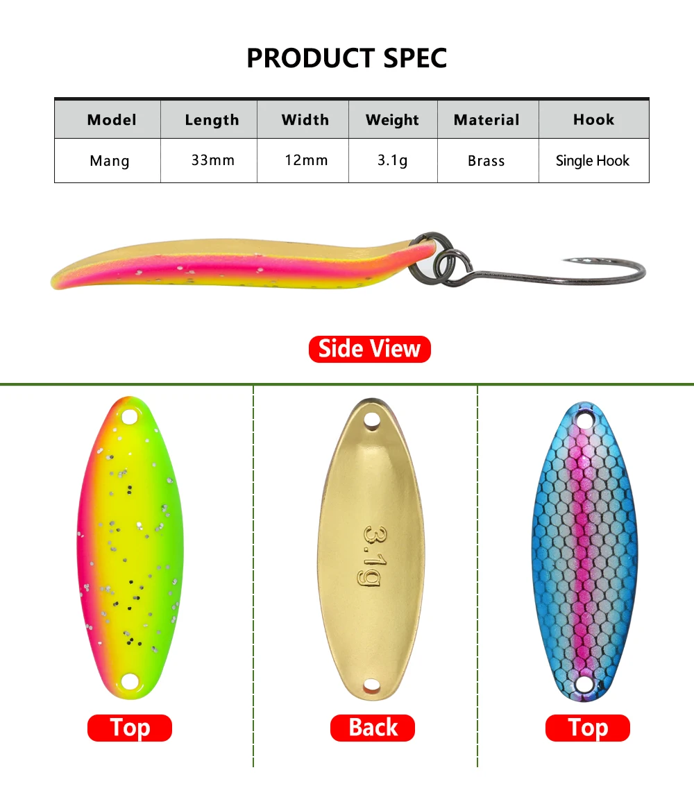 Las especificaciones de un señuelo de pesca colorido que incluye su modelo, longitud, ancho, peso, material y diseño de gancho