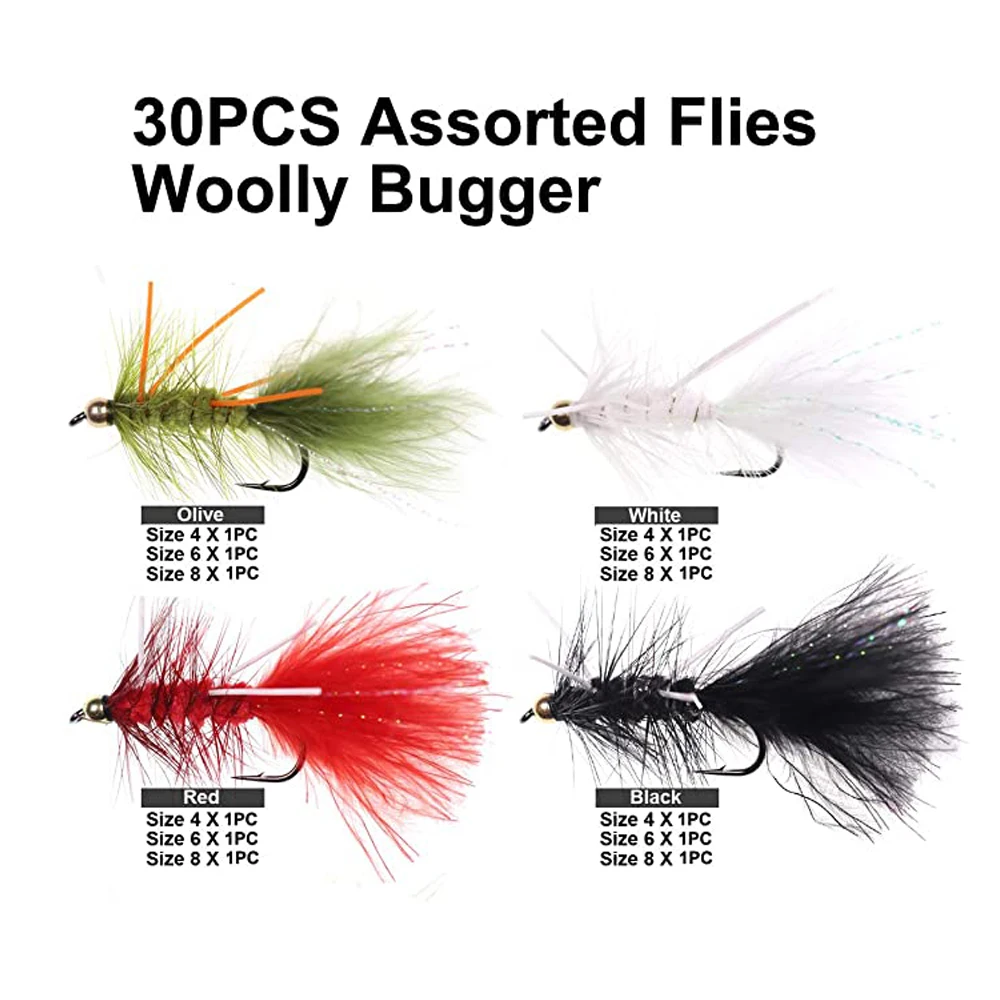 Bimoo 30 unids/caja Kit de Señuelos de Pesca con mosca cabeza de cuentas de latón lanoso Bugger serpentinas mosca Lucio lubina Arco Iris trucha señuelo de pesca cebo - imagen 2