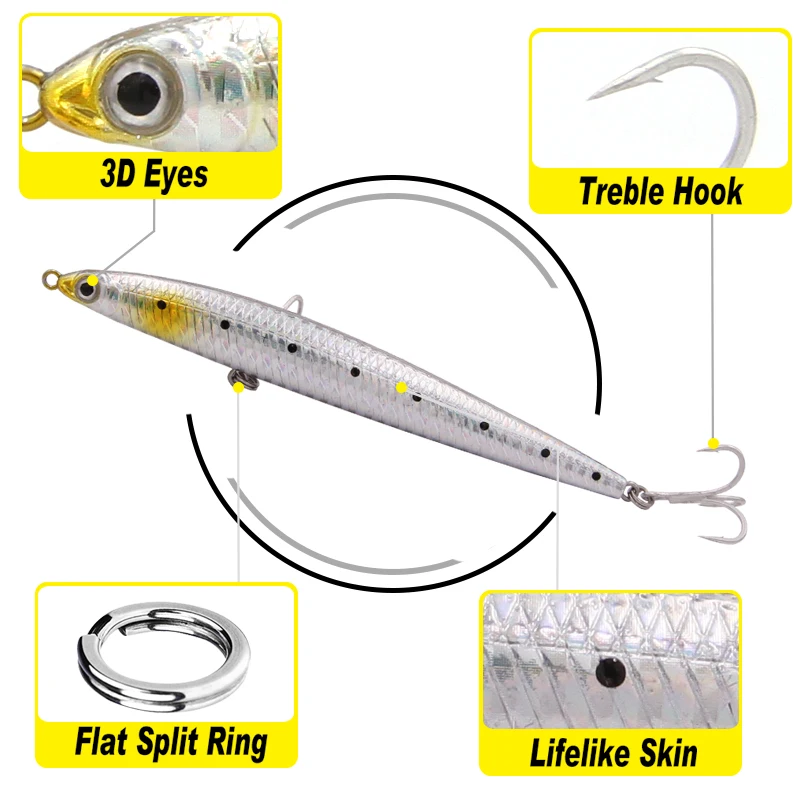 TacklePRO PE19 lápiz que se hunde 125mm 27,5g señuelo de pesca lubina cebo duro de agua salada diseño ruidoso con anzuelos Mustad - imagen 2