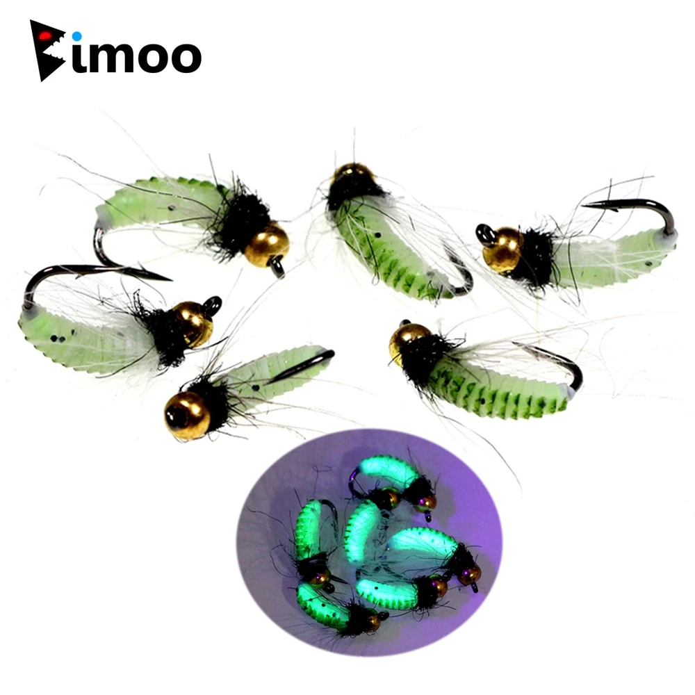 Bimoo 6PCS # 10 # 12 CDC pluma Hackle ninfa Scud mosca UV latón Beadhead insecto húmedo gusano trucha pesca cebo con mosca señuelo hundimiento rápido - imagen 2