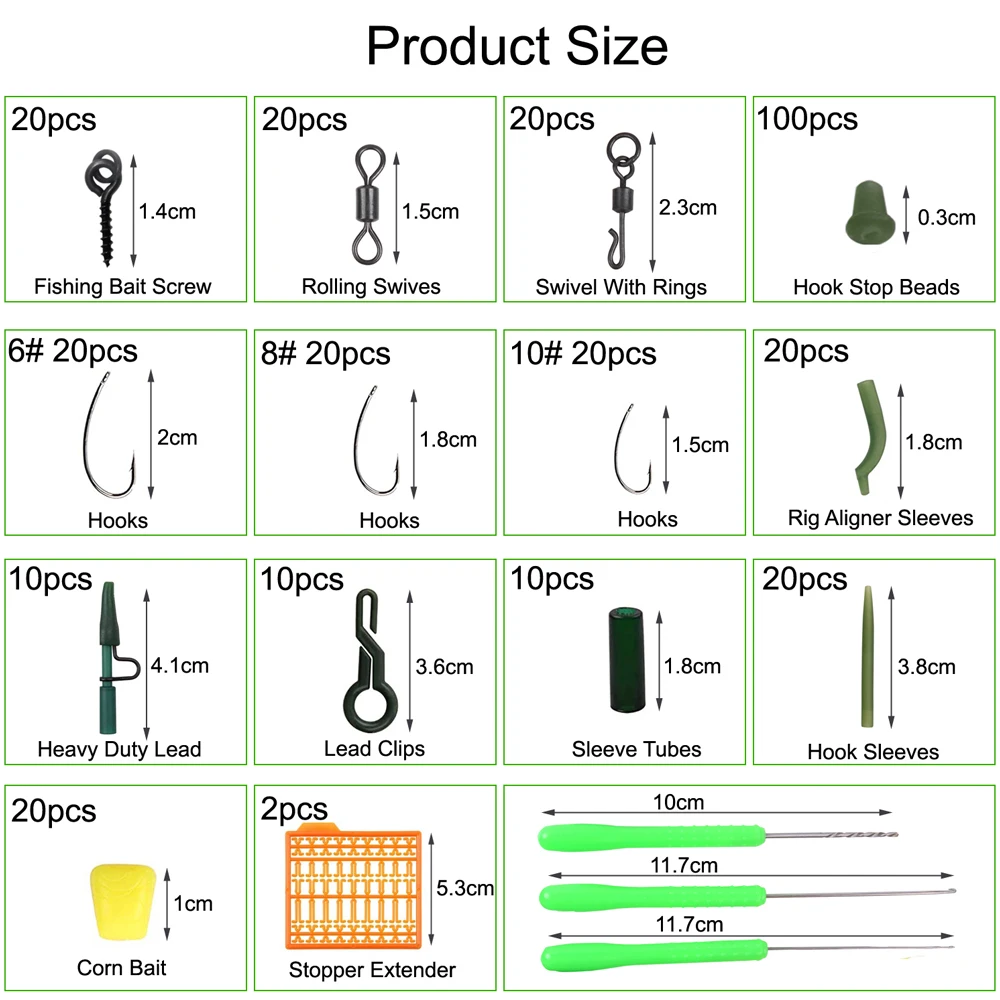 Kit de aparejos de pesca de carpa, incluye mangas antienredos, gancho, cuentas de parada, Boilie, tornillo de cebo, herramienta de aparejos de pelo giratorio rodante, 321 unids/lote por caja - imagen 2