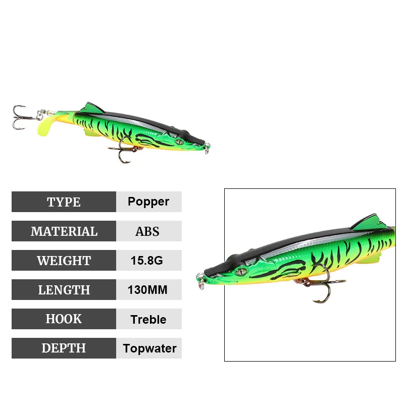 Whopper Plopper-señuelo de pesca Topwater, cebo duro Artificial Wobbler, lápiz, cola giratoria suave, 13cm, 15,8g - imagen 4