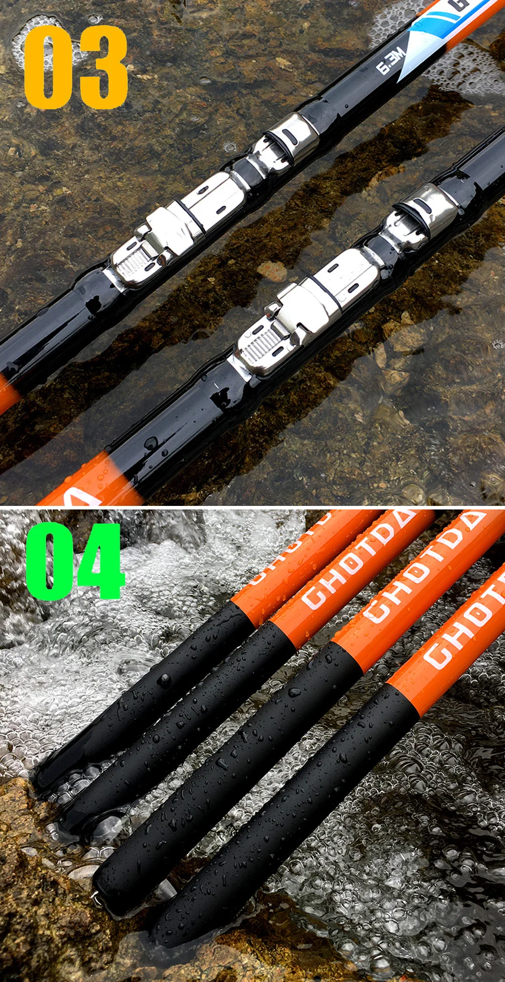 Un par de bastones de esquí de fondo. La mitad superior de los polos es negra y la mitad inferior es naranja. Los postes están parcialmente sumergidos en agua, que probablemente sea un arroyo o un río, como lo indican los guijarros y el agua que fluye.