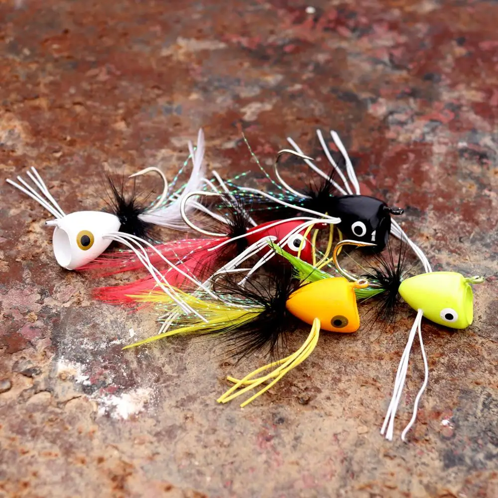 Bimoo 10 piezas # 2 Poppers de pesca con mosca, señuelo Popper flotante para Bluegill Bass Panfish, señuelo de pesca con mosca Chartreuse, naranja, rojo y blanco - imagen 2