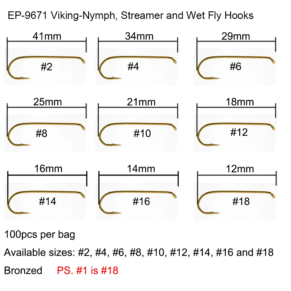 Eupheng vikingo ninfa Streamer anzuelo de pesca húmedo Micro Barb anzuelos de pesca con mosca clásicos anzuelo de remolque 100 Uds EP-9671 anzuelo de pesca - imagen 3