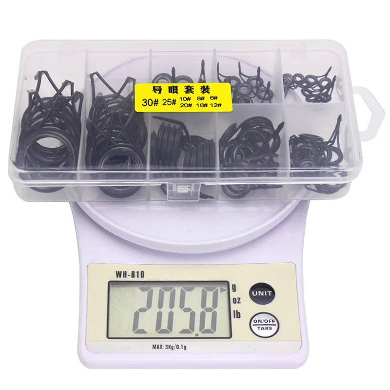 75 unids/caja accesorios de equipo de Pesca telescópico agujero guía piezas de caña de señuelo cerámica de acero alto en carbono anillo de ferrocarril Peche Pescaria - imagen 5