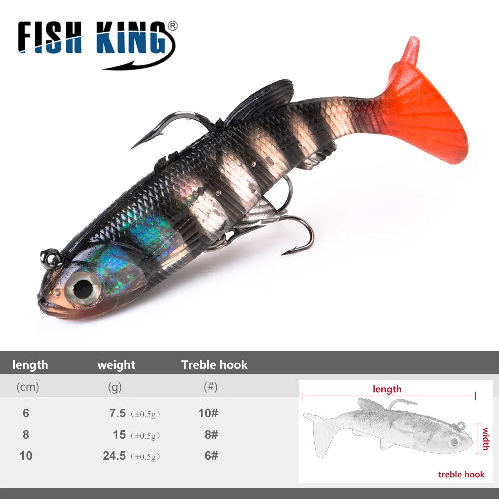 FISH KING-Señuelos de Pesca con ojos 3D, 6/8/10CM, con cola en T, suave, anzuelo triple, cebo Artificial, cabeza de plantilla, Crankbait - imagen 2