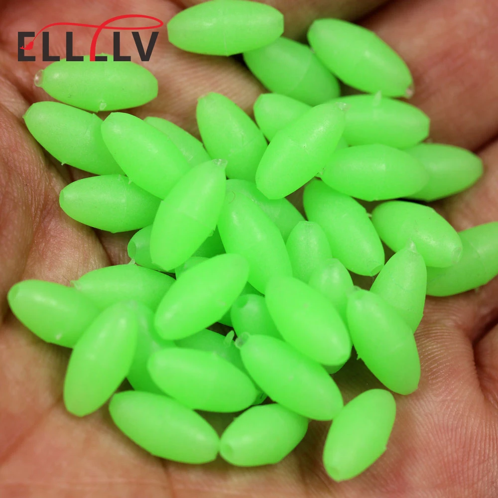 100 Uds. Cuentas de pesca luminosas de goma suave ovaladas, cuentas que se hunden brillantes para aparejos de pesca con anzuelo triple, aparejos de señuelo de pesca verde y rojo - imagen 2
