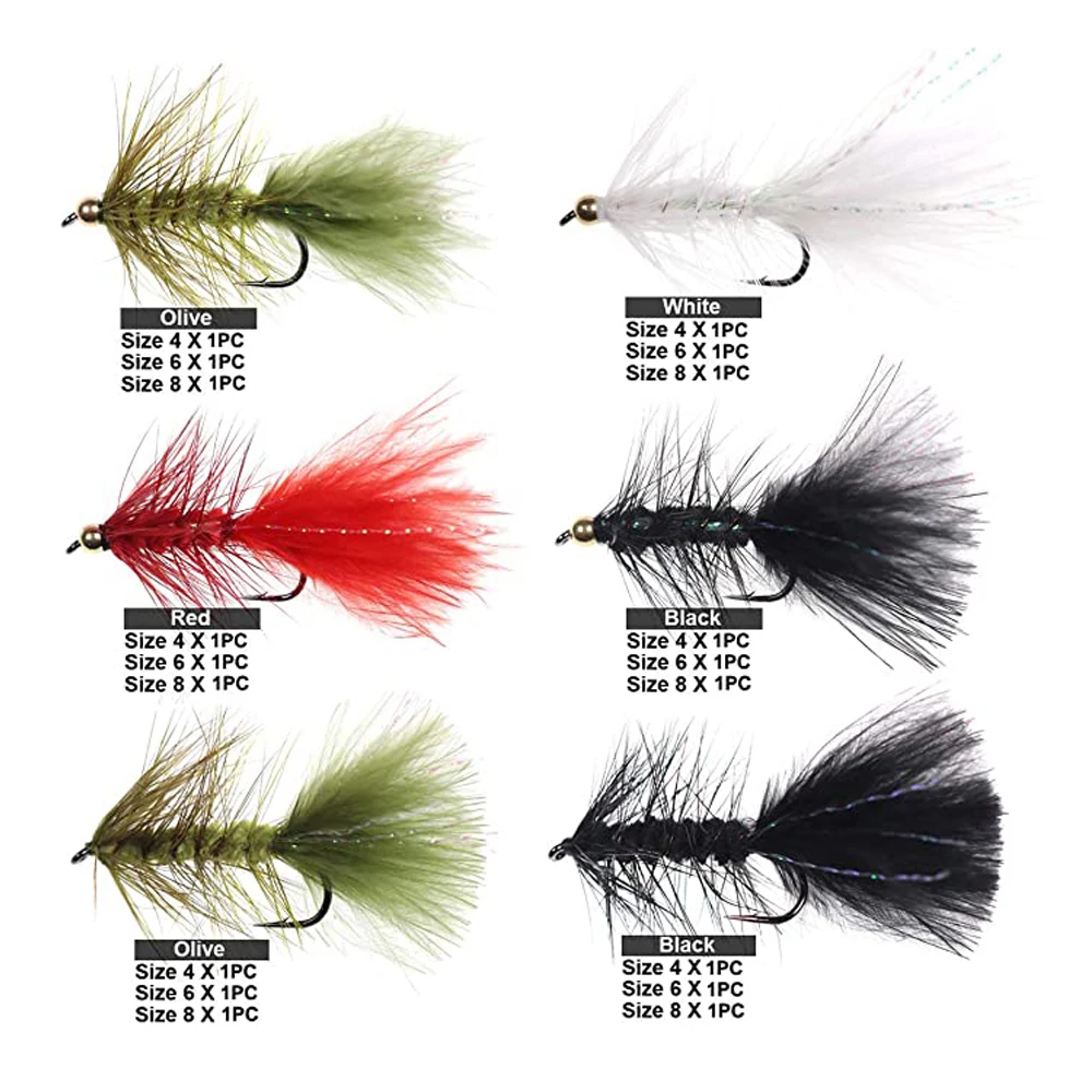 Bimoo 30 unids/caja Kit de Señuelos de Pesca con mosca cabeza de cuentas de latón lanoso Bugger serpentinas mosca Lucio lubina Arco Iris trucha señuelo de pesca cebo - imagen 3
