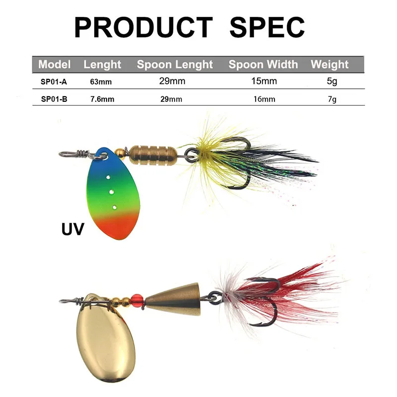 Señuelos de Pesca giratorios, anzuelos triples de plumas, anzuelos artísticos, Wobblers de Metal, aparejos de Lucio, 5g, 7g, 1 unidad - imagen 3