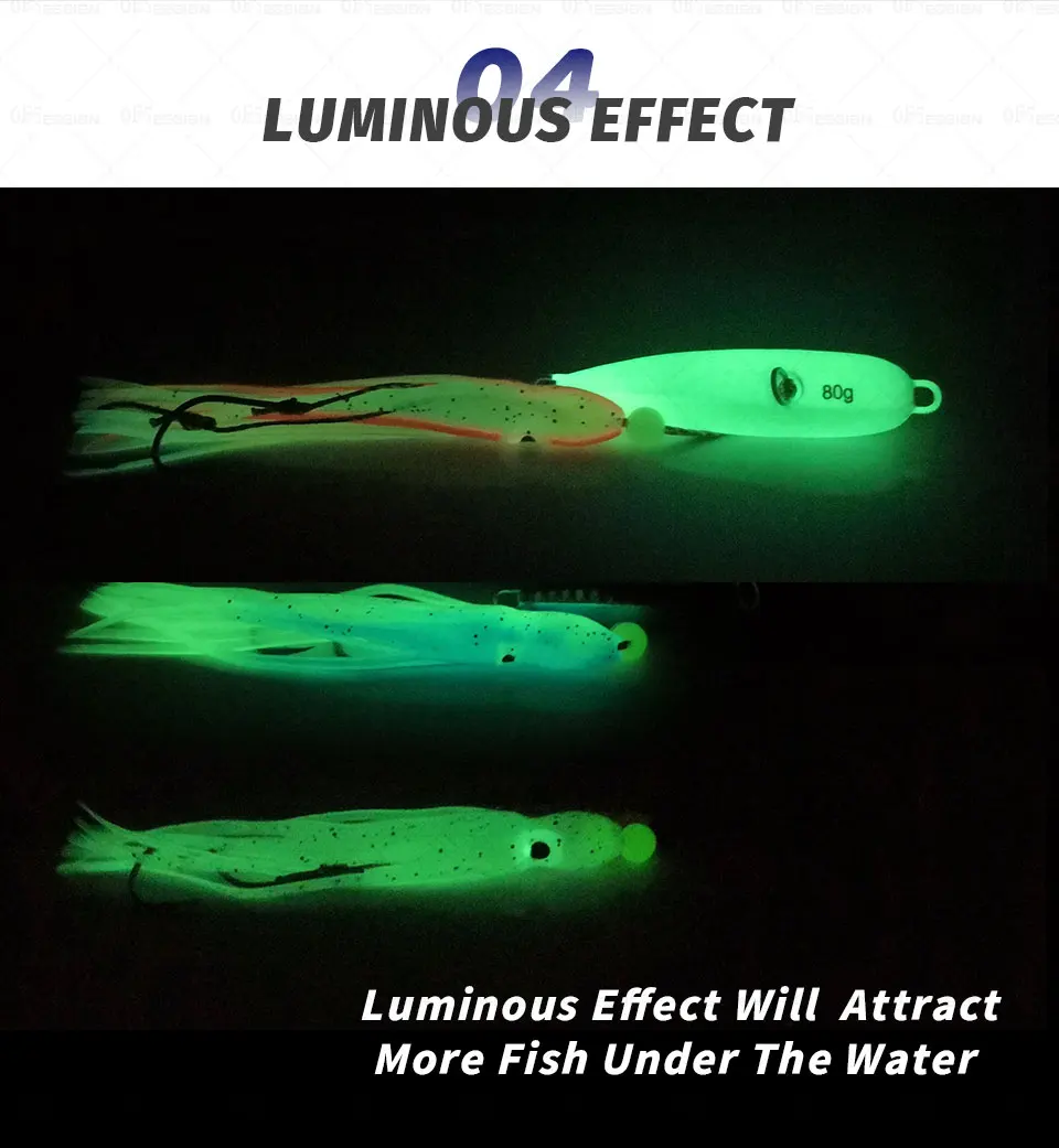 Un señuelo de pesca con efecto luminoso. El señuelo está diseñado para brillar en la oscuridad, cuyo objetivo es atraer peces bajo el agua. El texto de la imagen sugiere que el efecto luminoso ayudará a pescar más peces.