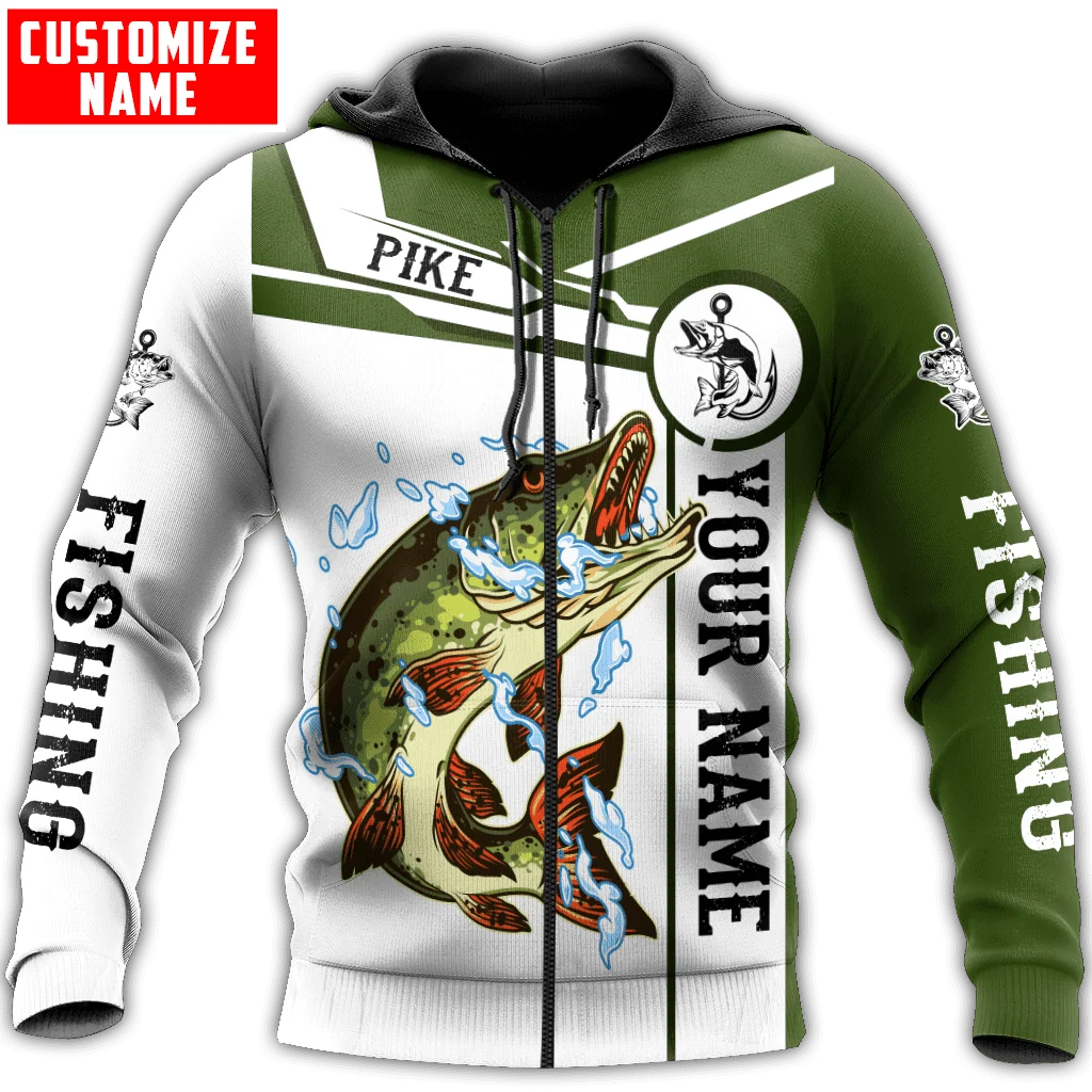 Sudadera con capucha y sudadera para hombre con estampado 3D de Pike Fishing con nombre personalizado, sudaderas con cremallera Unisex de otoño, ropa de calle informal KJ825 - imagen 5