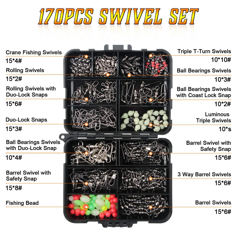 Kit de eslabones giratorios de pesca con rodamiento de bolas, barril giratorio, bloqueo Duo, Conector de línea de pesca a presión para lubina, 170 unids/lote por caja - imagen 4