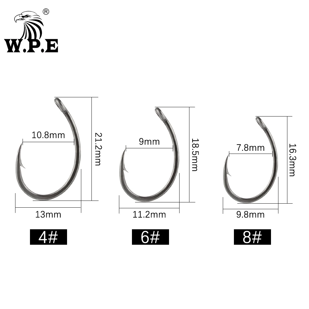 W.P.E-anzuelo de pesca con revestimiento, aparejo para el pelo con púas de acero de alto carbono, vástago curvo, carpa, 3 paquetes/5 paquetes, 4/6/8 # - imagen 5