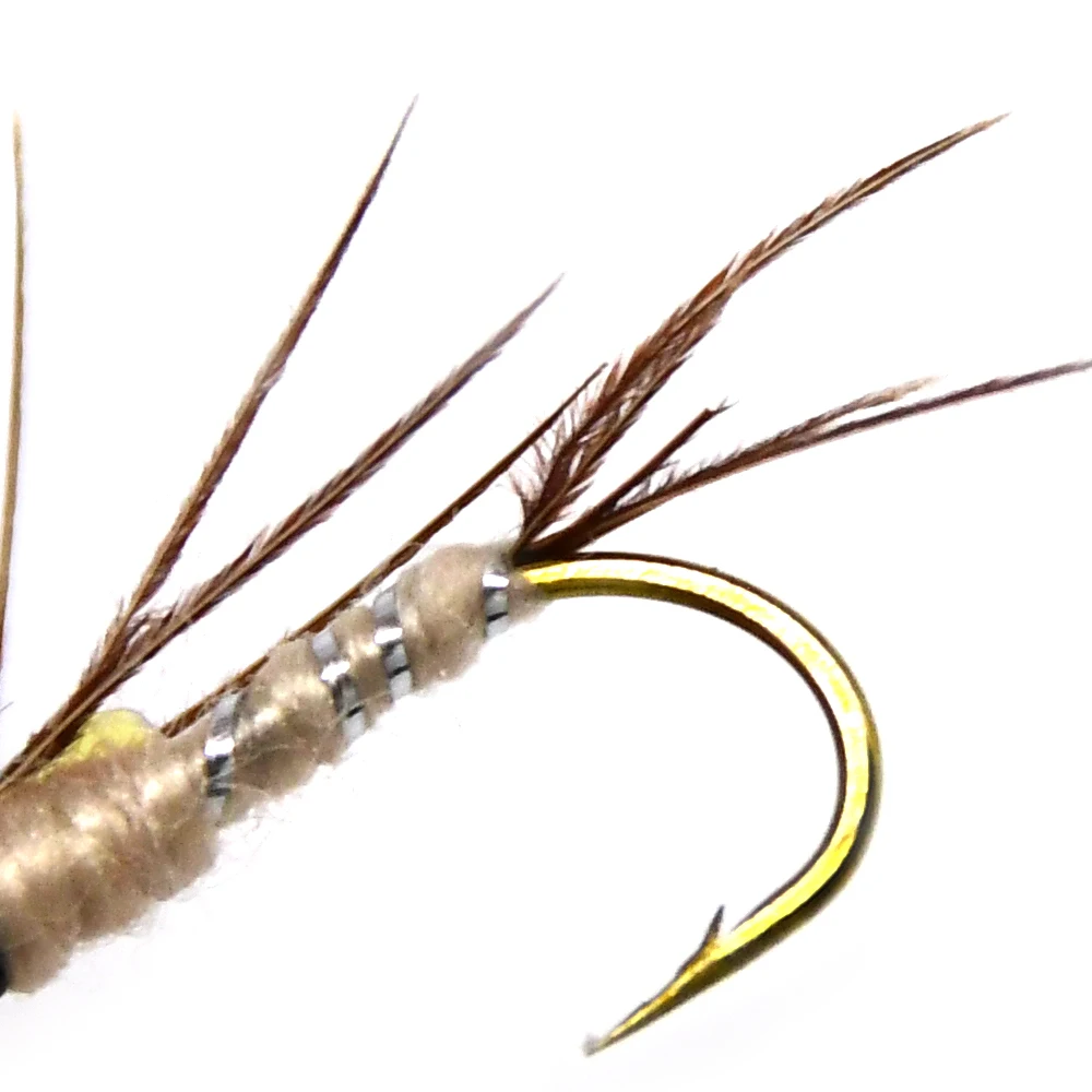 MNFT 10 unidades/paquete 8 #   Cabeza de cuentas doradas, cuerpo marrón, cuerda plateada, ninfa envuelta con oropel, ninfa trasera para pesca con mosca, trucha - imagen 5