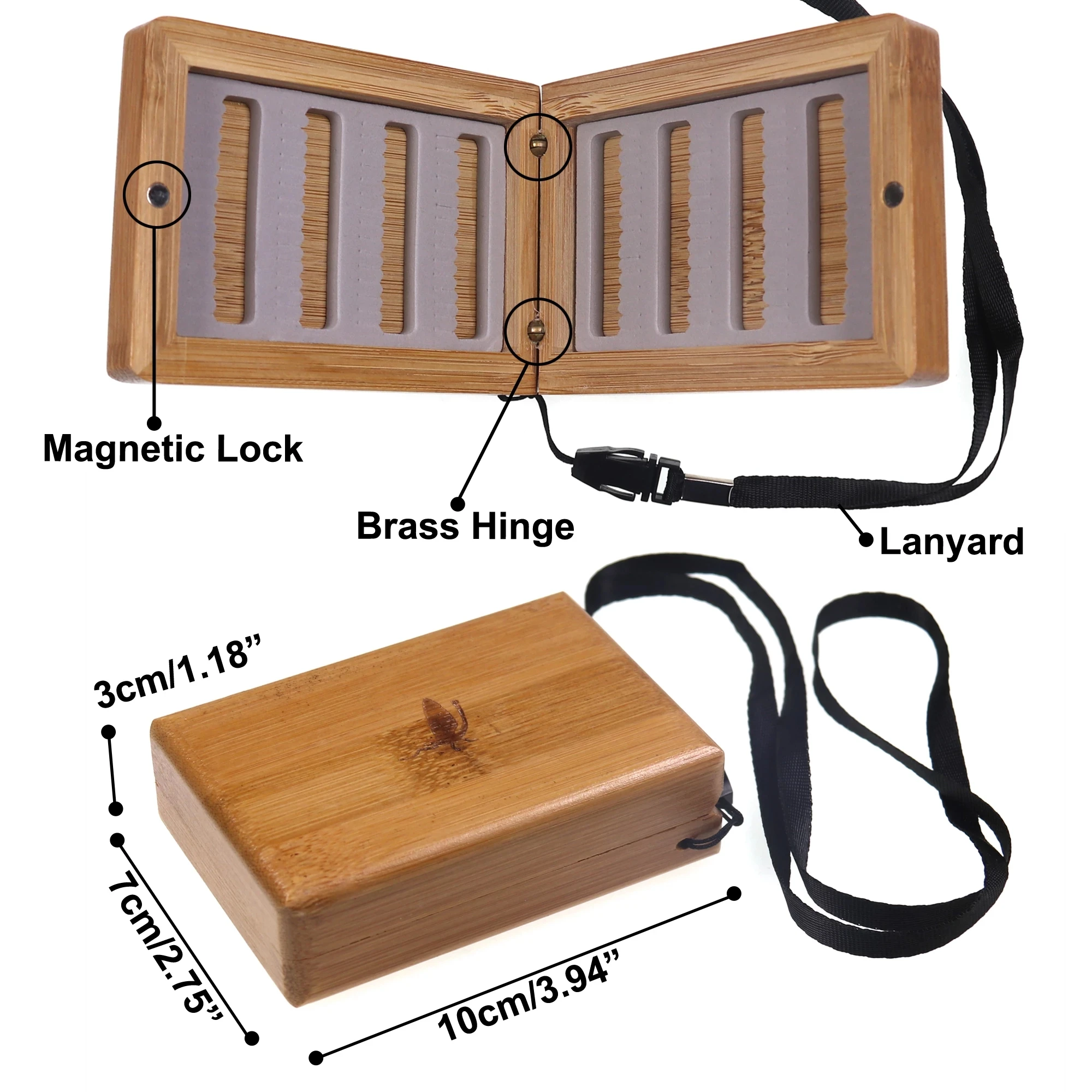 Bimoo-caja de almacenamiento de madera de bambú para pesca con mosca, contenedor de almacenamiento de doble tapa, 98x70x30mm, tamaño bolsillo, 2 unidades - imagen 2