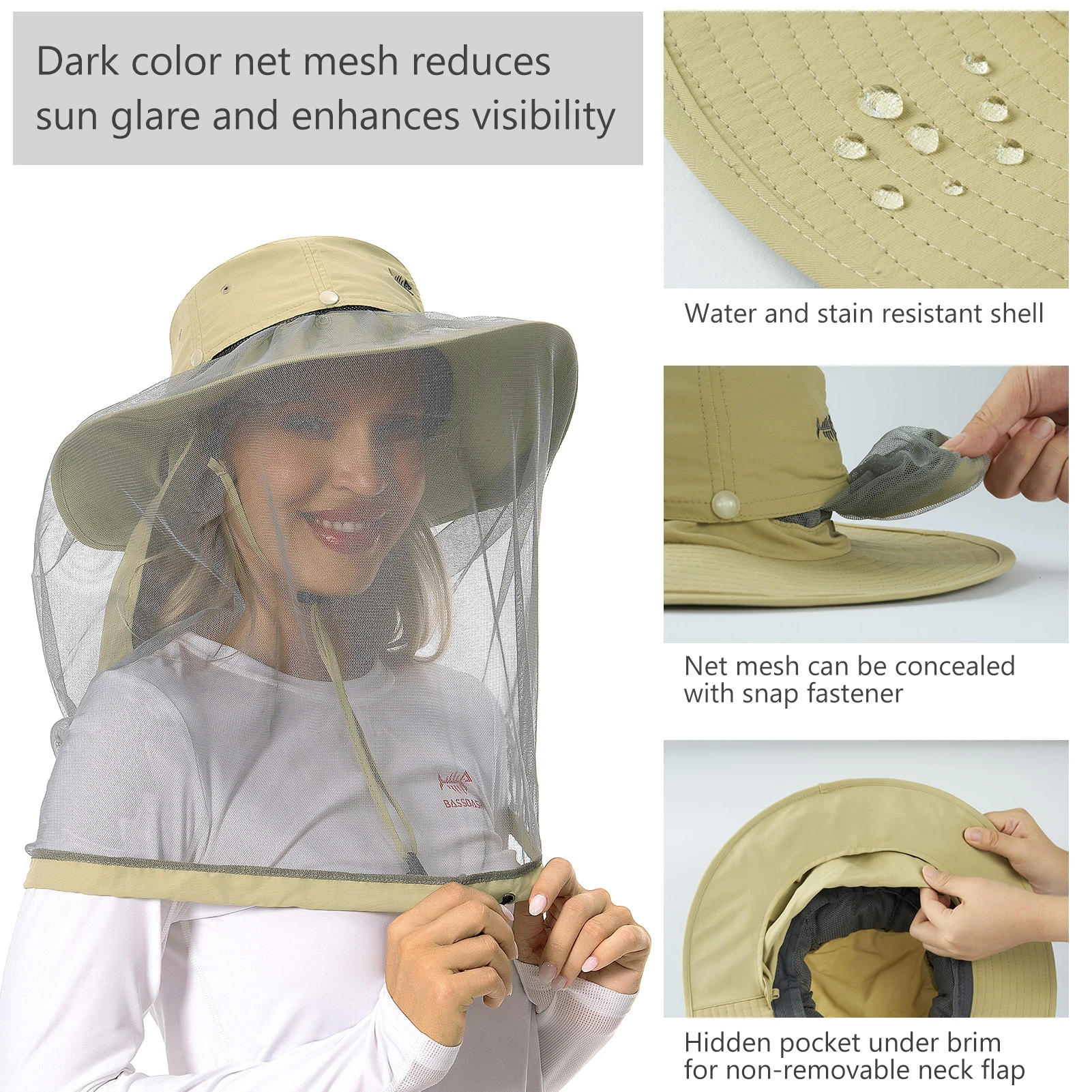 Bassdash UPF 50+ Gorro para el sol con mosquitera oculta y solapa para el cuello para hombres y mujeres, pesca al aire libre, senderismo, camping - imagen 5