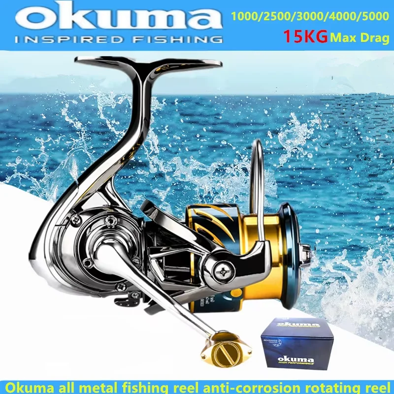 Carrete de pesca totalmente metálico OKUMA, rueda giratoria de copa de línea baja, carrete giratorio anticorrosión de agua de mar de 15KG1000-5000