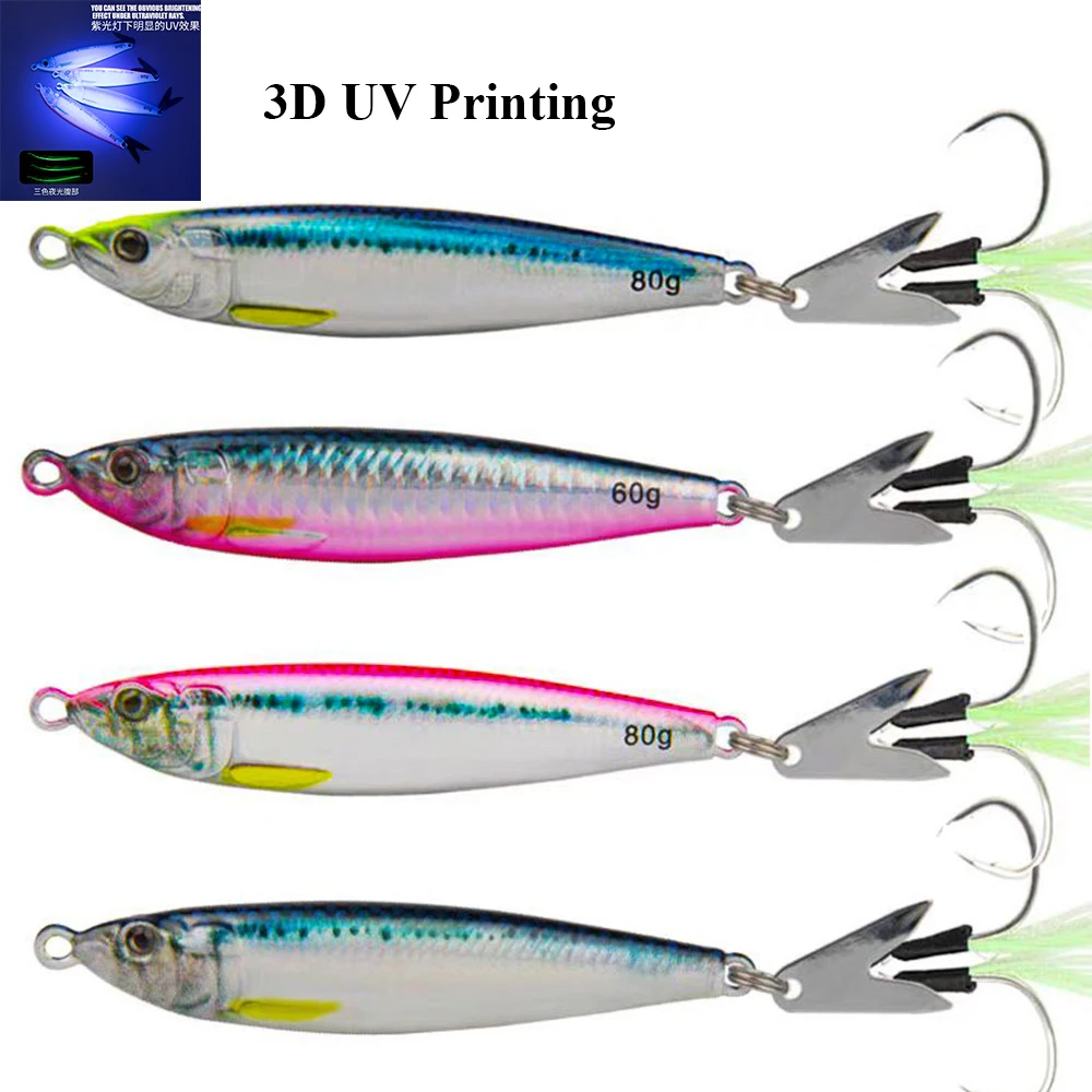 Plantillas de Metal 3D 60G80G señuelo de pesca de agua salada arrastre elenco Shore Jigging cebo duro cuchara señuelos para trucha atún Mahi Marlin - imagen 4