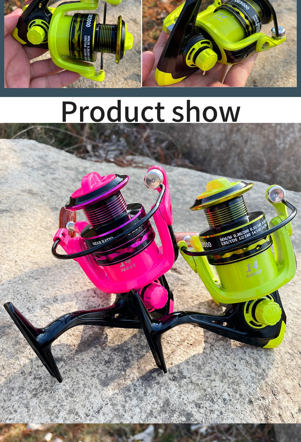 Experimente el equipo de pesca vibrante y duradero con nuestros carretes giratorios de alta calidad