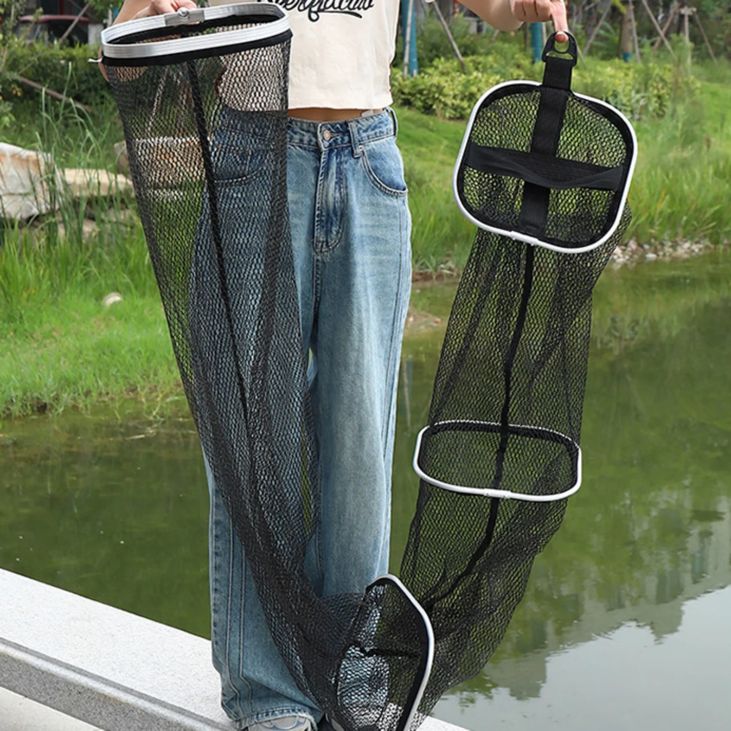 Red de pesca plegable portátil, bolsa de nailon duradera para peces vivos, bolsa larga Universal de secado rápido, accesorios de pesca al aire libre de malla para peces