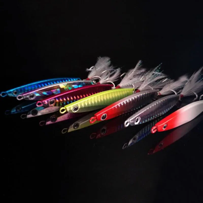 1 Uds plantilla de Metal 10g 14g 17g señuelo cuchara de pesca 7 colores Iscas artificiales plantilla de Metal señuelo rebanada Jigbait cuchara anzuelo triple Jigging - imagen 4