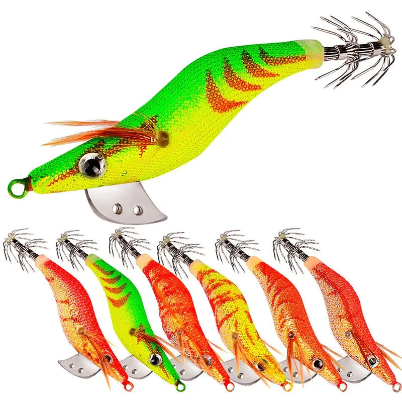 Señuelo de pesca duro, cebo de calamar, 7,5g, 12,5g, 15g, anzuelo de pulpo, anzuelo de calamar, señuelos de camarones de madera, simulación de señuelo de pesca de mar, aparejos de plantillas