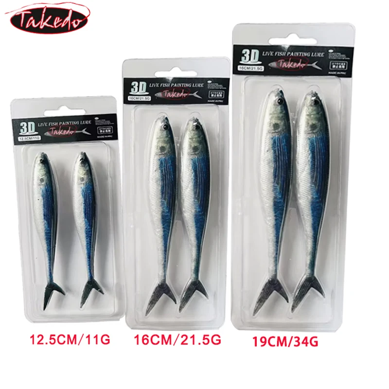 TAKEDO-señuelo de pintura de peces vivos 3D, 12,5 CM, 16CM, 19CM, 34G, cebo de pesca suave luminoso, tijera, cola de pez para pesca de atún, lubina y mar - imagen 2