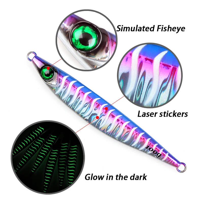 Señuelo de Jigging lento de 40g, 60g, 80g, 100g, plantillas de Metal que se hunden, señuelo de pesca luminoso, agua salada, lubina, cebo Artificial Vertical para lubina - imagen 3