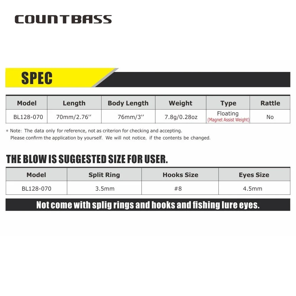 Countbass-cuerpos de cebo duro en blanco, peso de asistencia magnético, 70mm/2,76 ", 7,8g/0,28oz, pececillo flotante, Señuelos de pesca sin pintar, 10 Uds. - imagen 3