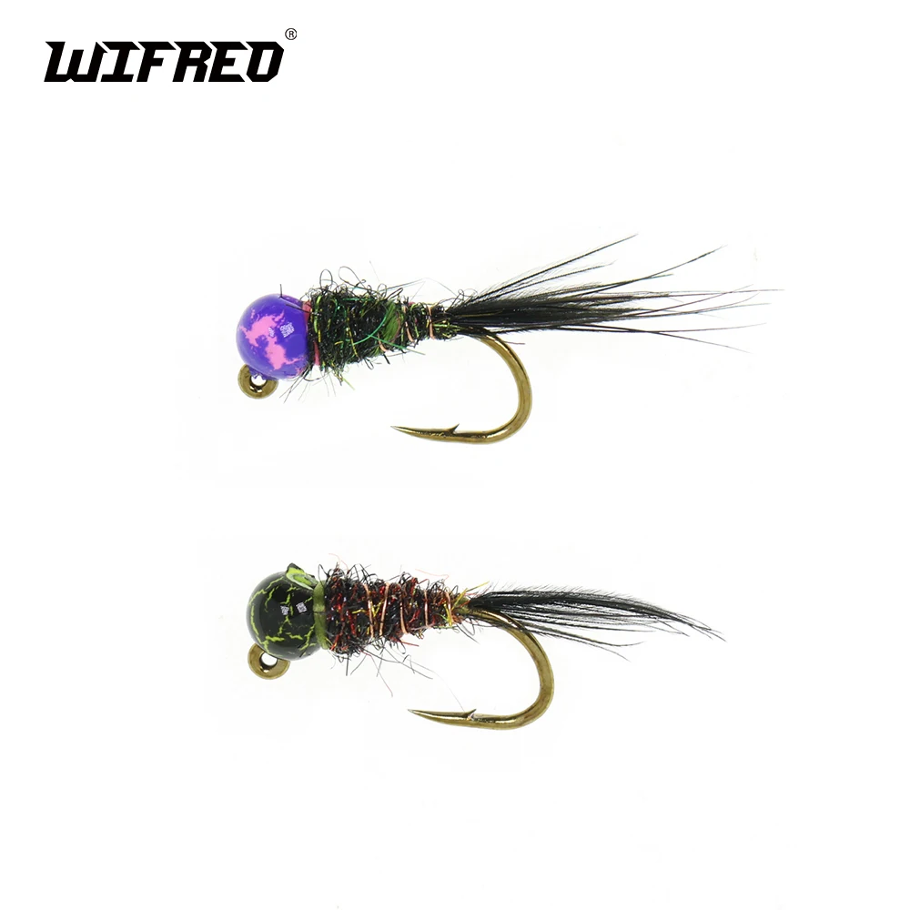 WIFREO 6 piezas 16 #   Anzuelo con diseño de grietas, plantilla con cabeza de cuentas, moscas de ninfa, gusano insecto, cebo de pesca de trucha de hundimiento rápido, señuelo Artificial de pesca con mosca - imagen 2