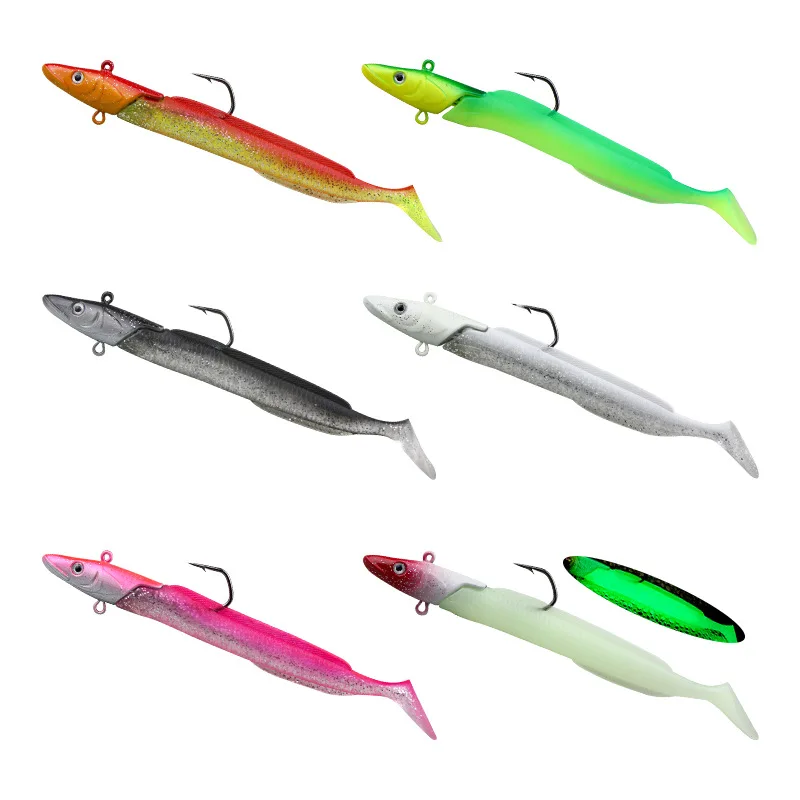 SWOLFY-Juego de señuelos blandos para pesca, cola en T luminosa, 12cm, 23g, cabeza de plomo de hundimiento lento, cebo de simulación Artificial para lubina/Trou - imagen 5