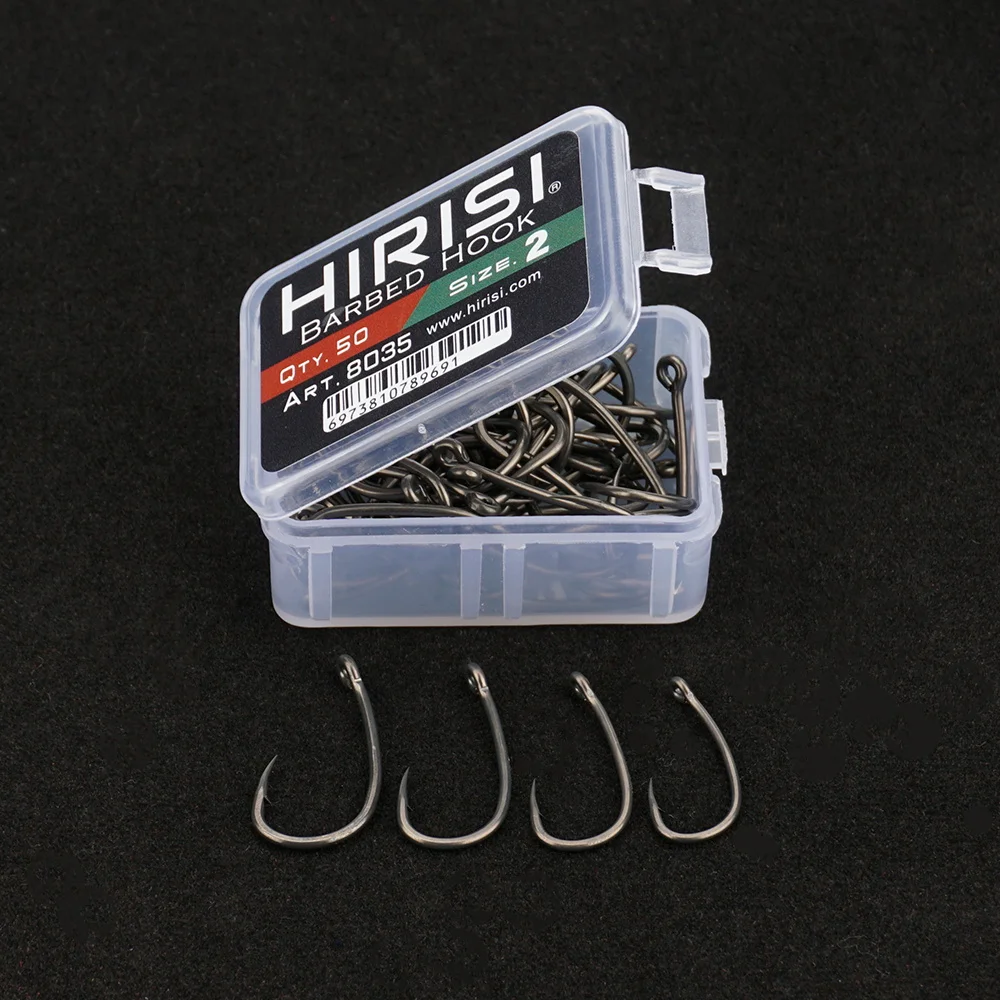 Hirisi 50 Uds. Anzuelo de pesca Micro púas de acero inoxidable con revestimiento de PTFE con ojo y caja empalmable 8035 herramienta de pesca - imagen 2