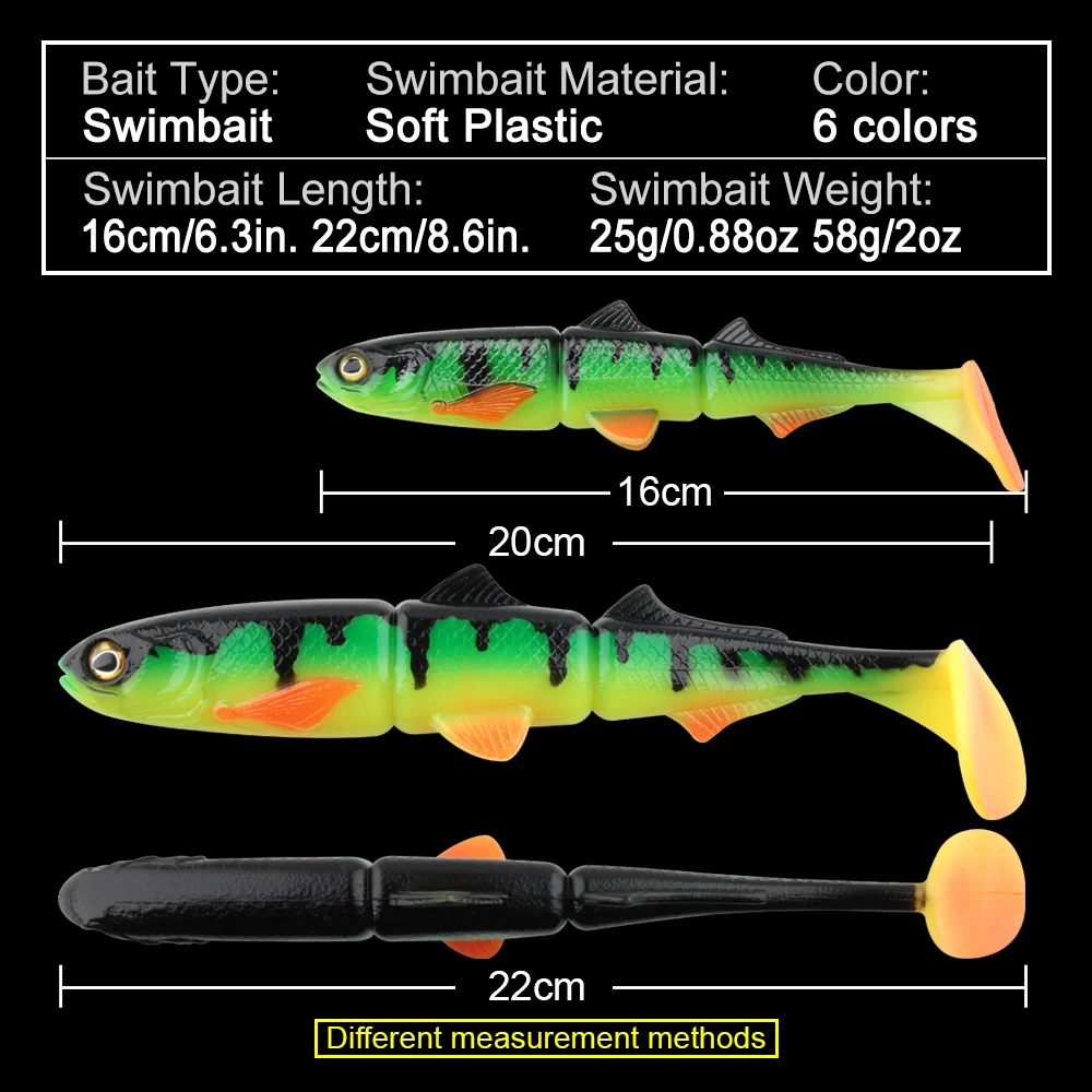 Spinpoler-cebo de plástico blando de 3 articulaciones, Swimbait con cola de paleta para natación, 16cm, 22cm, Lucio, lubina, Muskie, cola grande en T, Señuelos de Pesca blandos - imagen 3