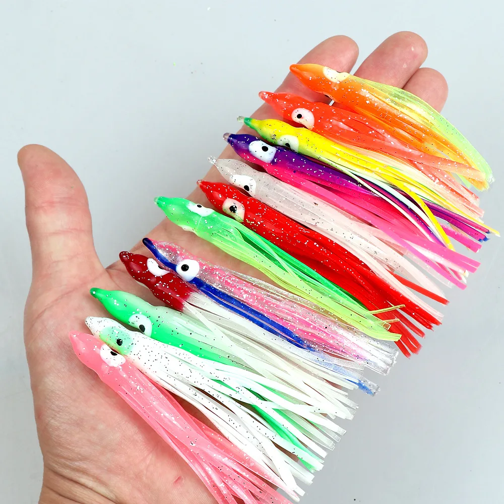 Señuelo de pesca suave con forma de pulpo brillante, 5 uds., 5cm, 9cm, 12cm, para plantillas, faldas de calamar de goma, cebos artificiales de atún, color mezclado - imagen 4