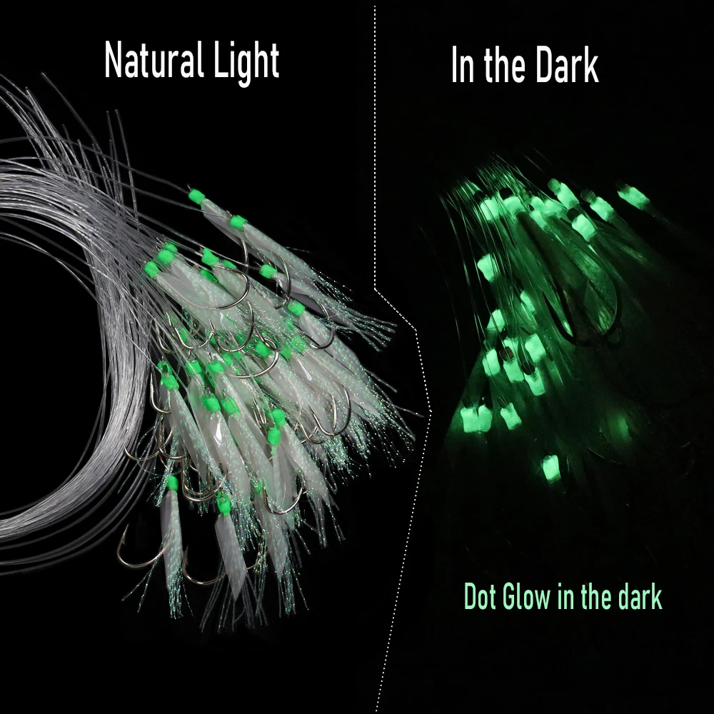 WIFREO-anzuelo luminoso de piel de pescado simulada, anzuelo con sedal, aparejo Sabiki, anzuelos de sublínea, señuelo de piel de pescado de agua salada, 50 unidades - imagen 5