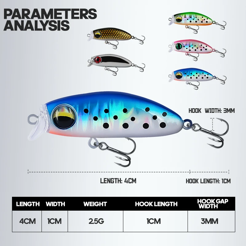 Señuelo de pesca TAIYU, 4cm, 2,5g, Micro pececillo, Wobbler, Mini Swimbait de hundimiento lento, cebo duro Artificial con 2 ganchos, cebo falso - imagen 3