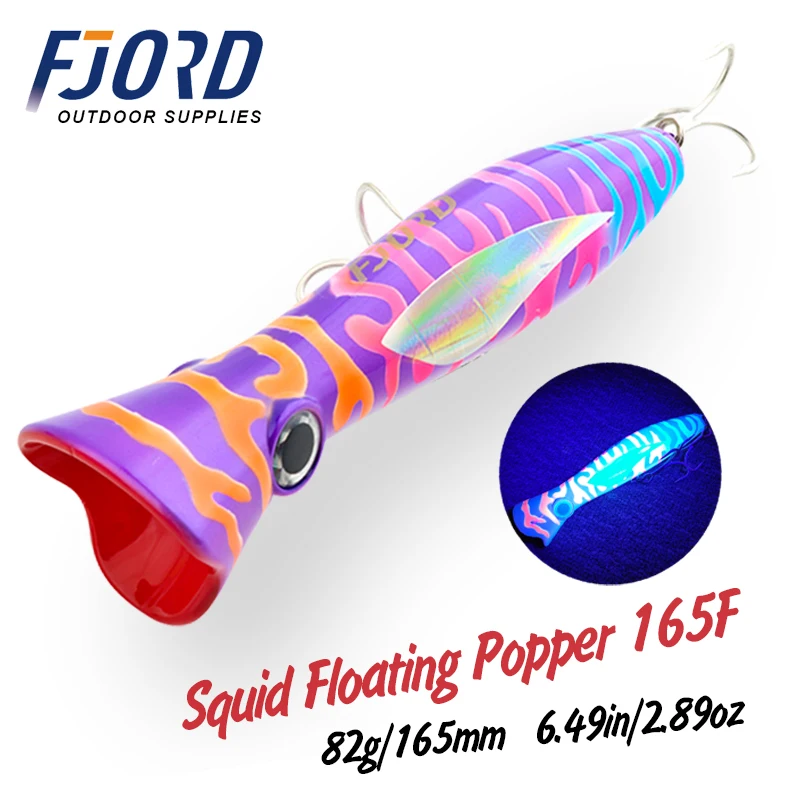 FJORD Poppers-señuelo de pesca de mar, cebos duros flotantes de 165mm y 82g, Pace en forma de Z a través del alambre, accesorios de pesca para construcción