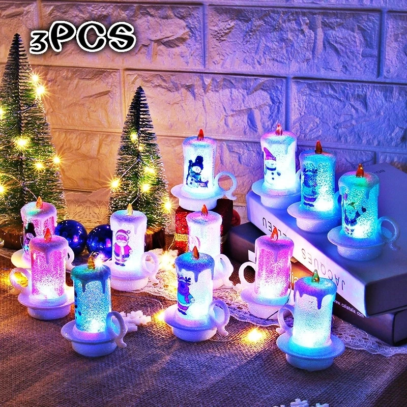 Luces LED de noche pequeñas para decoración navideña, velas electrónicas de muñeco de nieve, decoración de escritorio de estilo aleatorio, 3 piezas - imagen 5