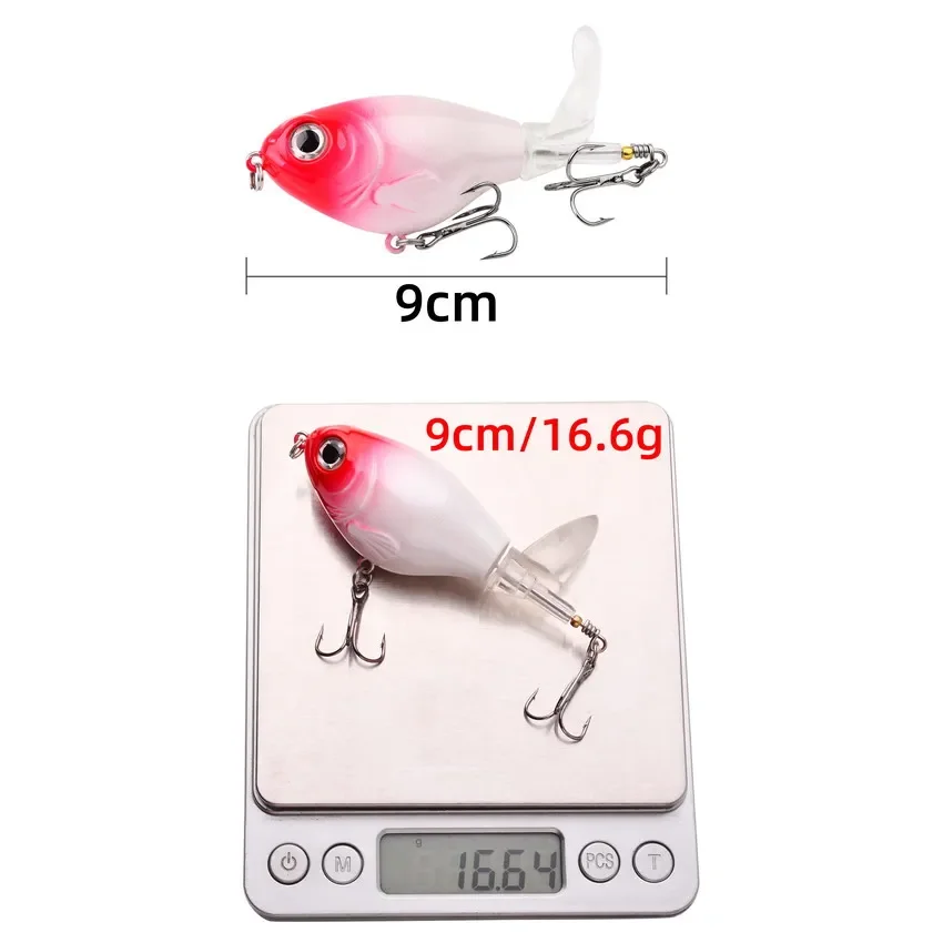 Juego de Señuelos de Pesca Topwater Popper, cebo duro de plástico lápiz, Swimbait con cola giratoria suave para Lucio, 5 unids/lote por caja, 16g - imagen 5