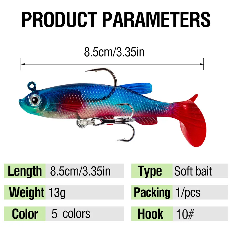 Señuelo de pesca con plantilla, 13g, 8,5 cm, Swimbait Artificial que se hunde, cola en T rizada, cabeza de plantilla, cebo suave, productos de goma para pesca de Lucio, 1 Uds. - imagen 4