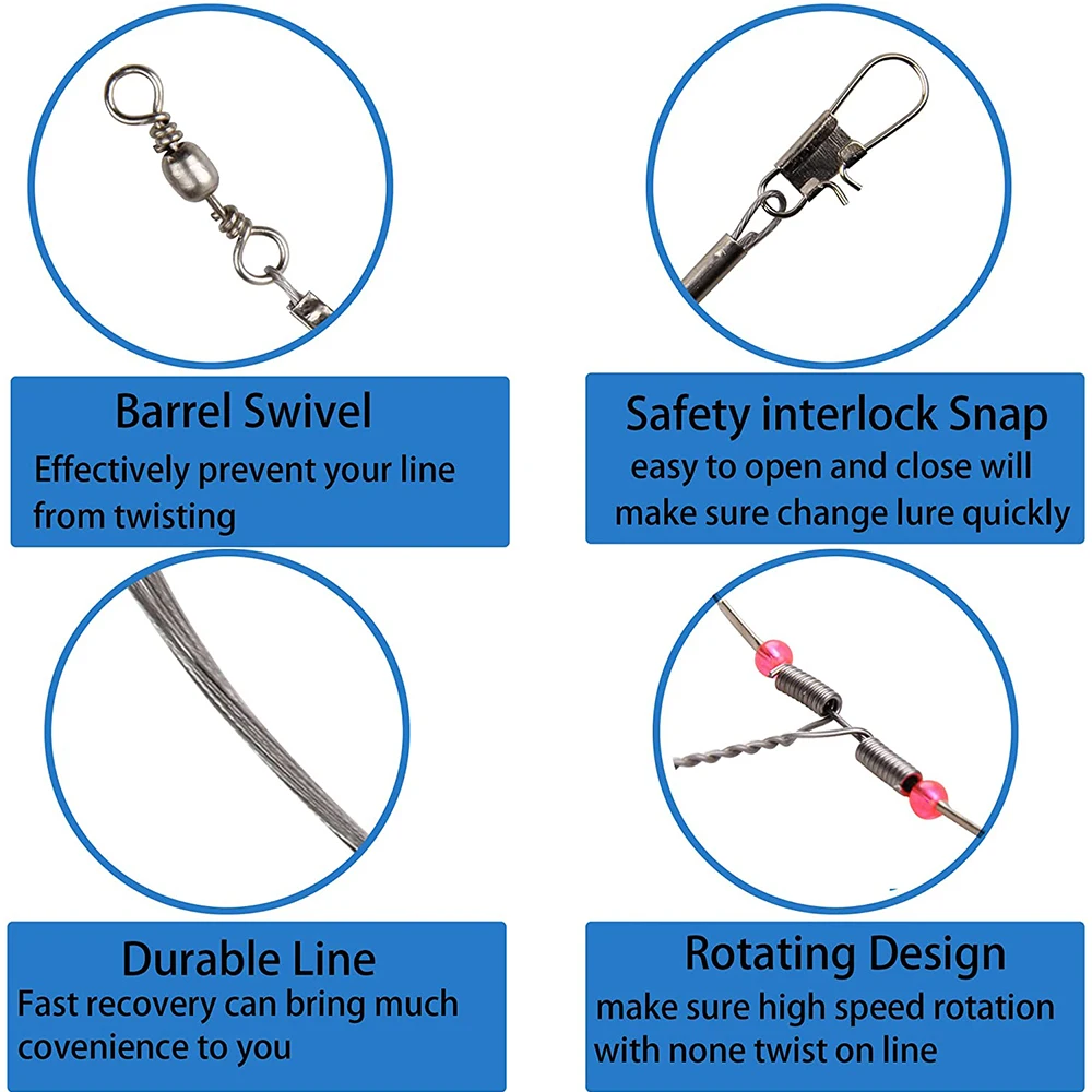 12 Uds. De aparejos líderes de alambre de pesca de acero inoxidable con conector giratorio de cuentas a presión, cebo de pesca, señuelo de rastreo, aparejos de pesca de alambre de acero - imagen 3