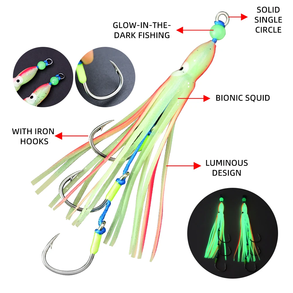 Anzuelos de pesca de mar, 2 unids/bolsa, anzuelos con pulpo luminoso, cebo suave, atún de agua salada, lubina a rayas, anzuelo Sabiki - imagen 4