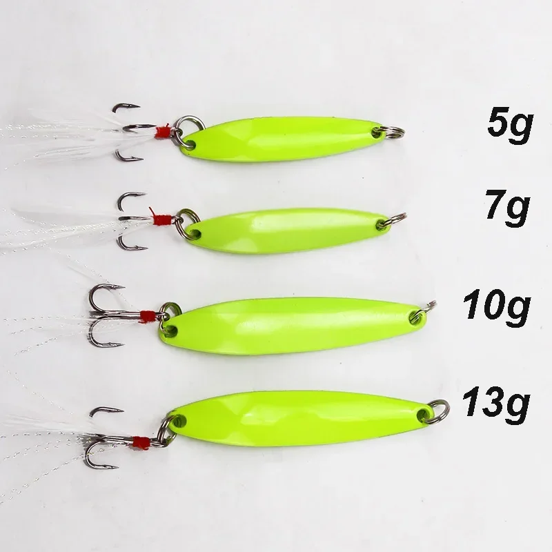 Señuelos de Metal con cuchara giratoria luminosa, anzuelo triple de plumas de 5g, 7g, 10g, 13g, cebo Artificial para lubina, trucha, aparejos de Pesca, 1 Uds. - imagen 2