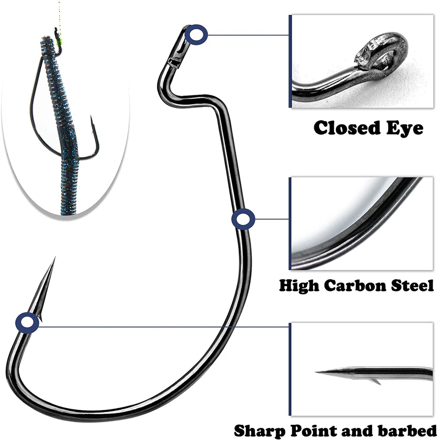Anzuelo de manivela Offset de pesca, gancho de gusano de gran espacio, negro, acero de alto carbono, con púas, para señuelo de pesca suave 5/0-10 # - imagen 4